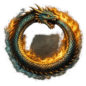 Ouroboros surrounded by flames and mist